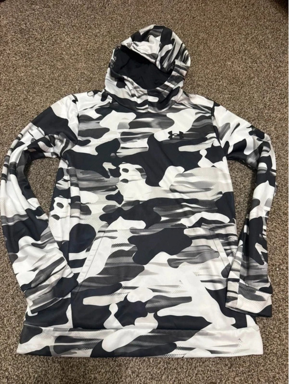Under Armour ColdGear Youth XL Camo Hooded Long Sleeve Shirt Black White Gray